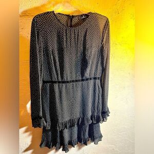 Lulu’s black dress w tiny white dots and velvet trim size Medium-lovely ruffles